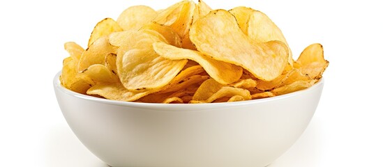 Bowl of potato chips on white background