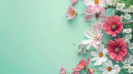 Pink And White Flowers On a Bluish-green Background, Wallpaper With Copy Spacer For Mother's Day