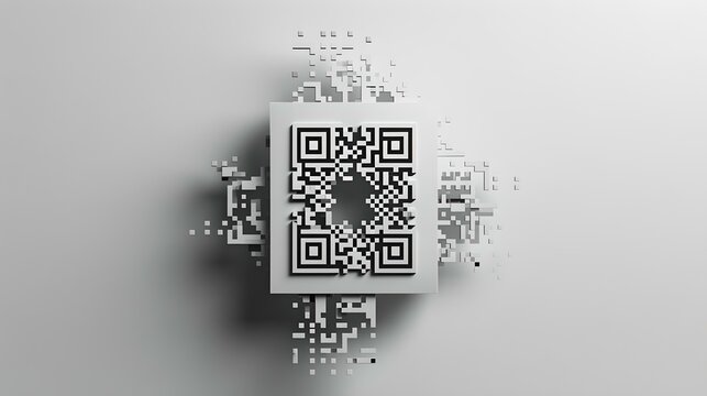 Digital QR code, pixelating into the air, modern technology concept. a black and white image displaying a pixelated QR code. AI