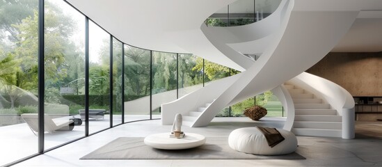 A modern home features a striking spiral staircase that intertwines gracefully within the luxurious windows, creating a captivating architectural focal point The staircases sleek design 