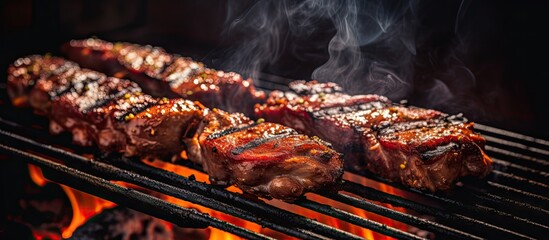 Obraz na płótnie Canvas Steaks grilling on a close-up barbecue