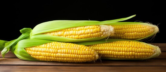 Three corn cobs on wooden table against black background