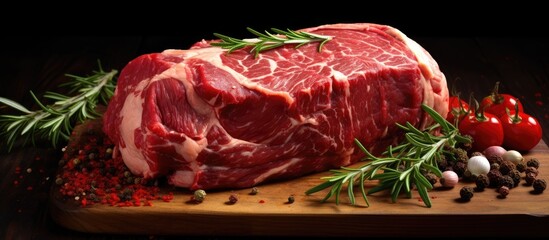 A piece of seasoned meat on a cutting board