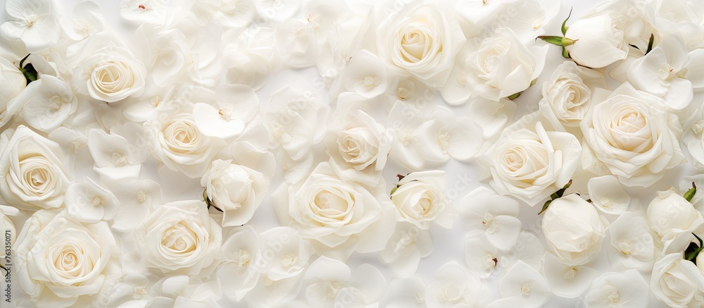 Sticker Many white roses on a white background with scattered petals