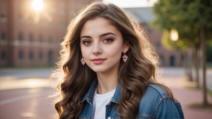 Fototapeta premium Portrait of beautiful young woman with brown hair and pretty brown eyes wearing a denim jacket standing outdoors with a college or school campus background