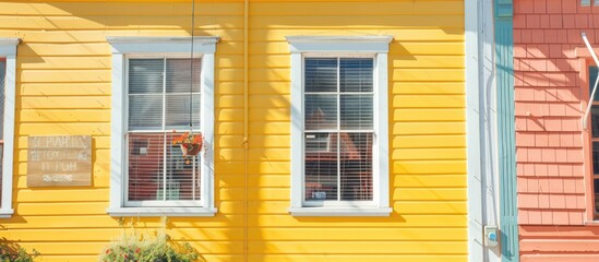 The yellow building stands out with three windows and white trim under the bright sunlight of a spring day The vibrant colors create a cheerful and inviting atmosphere 