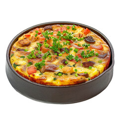  front view of Bubble and Squeak Cake with pan-fried leftovers molded into a cake, served in a classic British frying pan,  isolated on a white transparent background 
