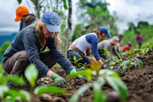 Volunteers Planting Seedlings in Reforestation Project