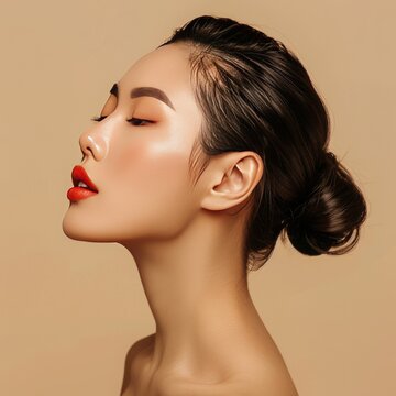 Pretty woman of Asian appearance makeup luxury charm beige background, picture from the side