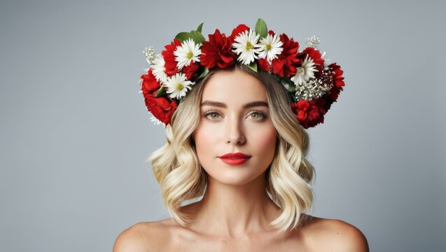  A woman with flowers in her hair and a wreath of red and white flowers on her head, against a gray background
