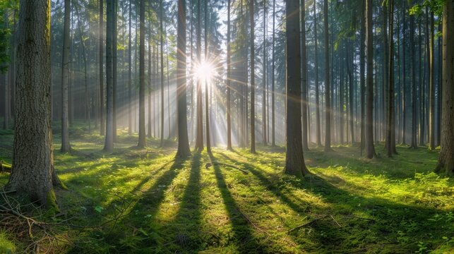 Forest panorama with sunbeams, high detailed picture, nature photography, 16:9
