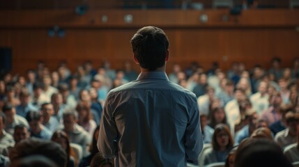 Male speaker giving presentation in hall at university workshop. Audience or conference hall. Rear view of unrecognized participants in audience, 16:9