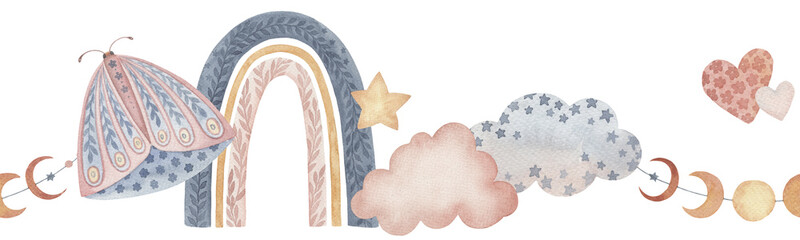 Boho rainbow with butterfly and clouds isolated seamless border. Hand painted watercolor cute floral illustration with heart and moon phases garland in neutral colors for baby nursery design.