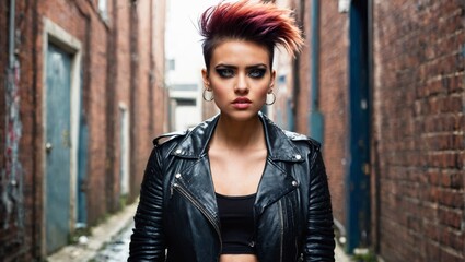 Obraz premium A female wearing red hair, accessories and a leather jacket stands in an alley