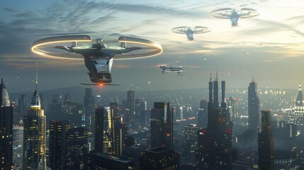 Fototapeta na wymiar Futuristic drones fly above a cityscape at dusk, their lights blending with the urban glow, signaling a new era of urban air mobility.