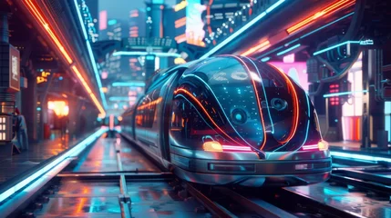 Deurstickers Sleek, futuristic train arrives at a vibrant, neon-lit station, evoking the dynamic pulse of a high-tech metropolitan transit system. © doraclub