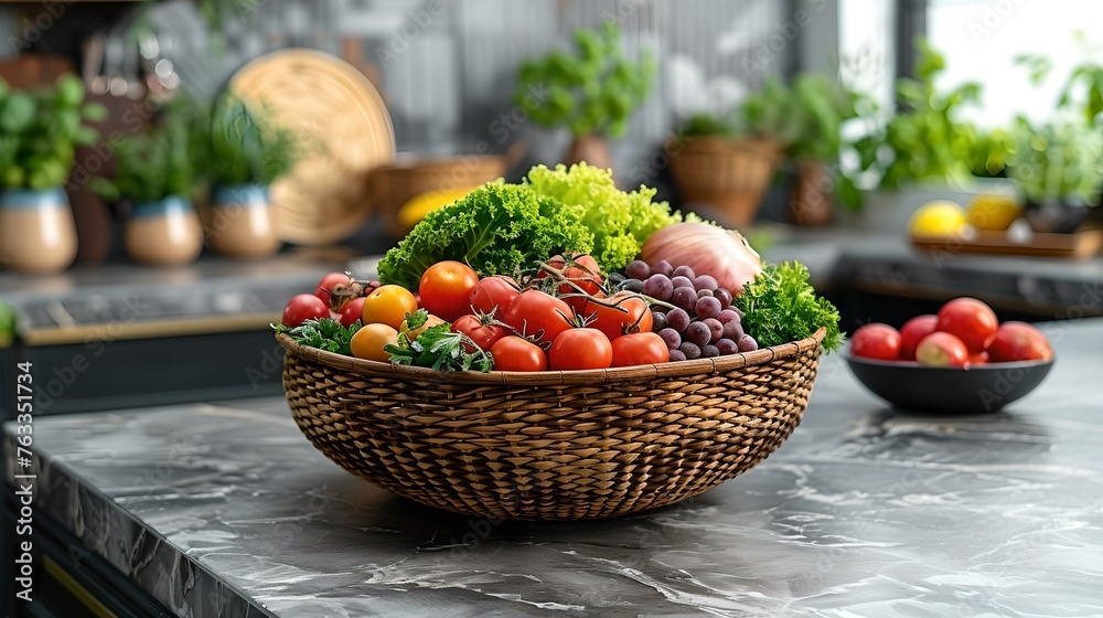 Poster Fresh vegetables in a wicker basket on a kitchen counter, healthy eating conceptual image, ideal for food and lifestyle themes. AI