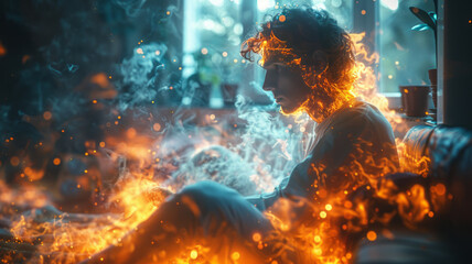Portrait of inner turmoil: A man contemplates in flames, a visual metaphor for the anguish of living with anxiety,generative ai