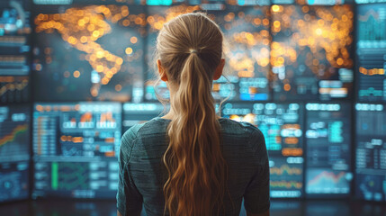 Back view of a businesswoman in front of professional key performance indicator KPI metrics dashboard with screens and charts for sales. A trader or investor looks at stock quotes. - obrazy, fototapety, plakaty