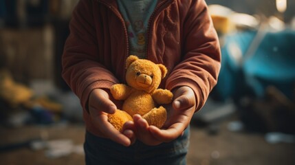 Hands of a child holding a toy in a temporary shelter - obrazy, fototapety, plakaty