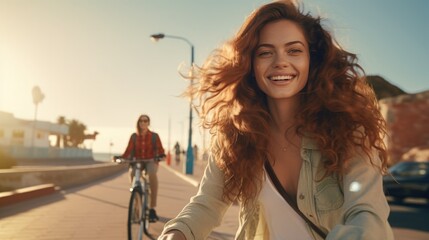 Beautiful young woman with freckles and a model appearance smiling while riding a bike along the promenade.