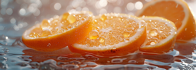  cut oranges with drops of orange liquid water background