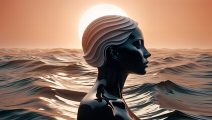 A woman's profile with closed eyes against a sunset seascape with a large sun in the background. Spirituality, Mindfulness, Meditation, Enlightenment, Calmness, Mental Health. - obrazy, fototapety, plakaty