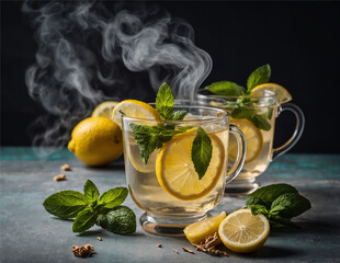 A delicate glass cup filled with steaming ginger tea, adorned with floating lemon slices and a sprig of fresh mint. Generative AI - obrazy, fototapety, plakaty