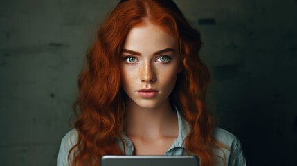 Beautiful young woman with freckles and a model appearance, with a tablet in hand, conducting an online presentation for partners