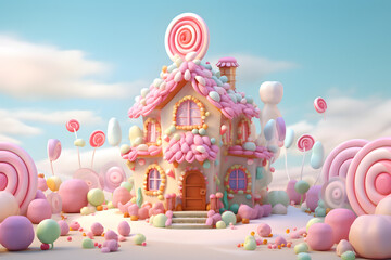 Cute gingerbread house in pastel colors with lollipops and candy clouds in Cartoon style. Fantasy scene