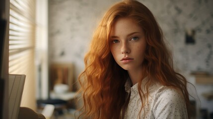 Beautiful young woman with freckles and a model appearance in a stylish office look at her desk