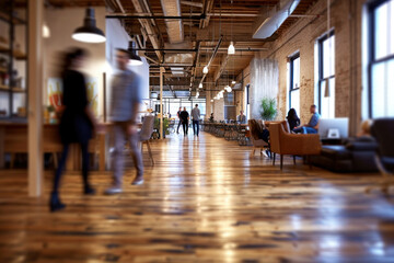 Busy Open Office Space with Wooden Floors and Lots of Natural Light, People Walking Through - obrazy, fototapety, plakaty