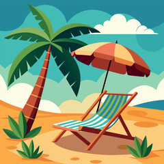 sea, water, palm tree, sun lounger, umbrella, sand, sky, rest, ocean, beach, deck chair, vector, illustration, art, bright, juicy