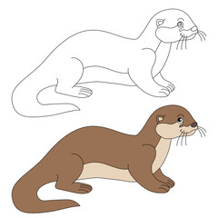 Aquatic Animal Clipart. Otter Clipart Set. Colorful and Outline Otters 