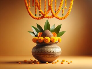 Realistic illustration for ugadi with a elegant pot and beautiful arrangement.