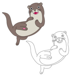 Aquatic Animal Clipart. Otter Clipart Set. Colorful and Outline Otters 