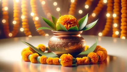 Realistic background for ugadi with a elegant pot and beautiful arrangement. - obrazy, fototapety, plakaty