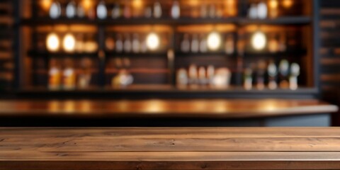 Rustic empty wooden table top of bar counter liquor store with copy space for your decoration. Vintage pub interior, Restaurant space. Abstract blurred bar background for product placement