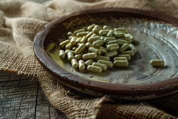 Close-up of green capsules and powder arranged on a clay brown plate. Dietary supplements, rich in vitamins and minerals, promoting a healthy lifestyle