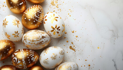 Fototapeta na wymiar Beautiful Easter background with painted golden decoration on eggs, top view and flat lay style, perfect for holiday-themed design projects