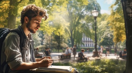 Man Sitting on Bench Writing in Book