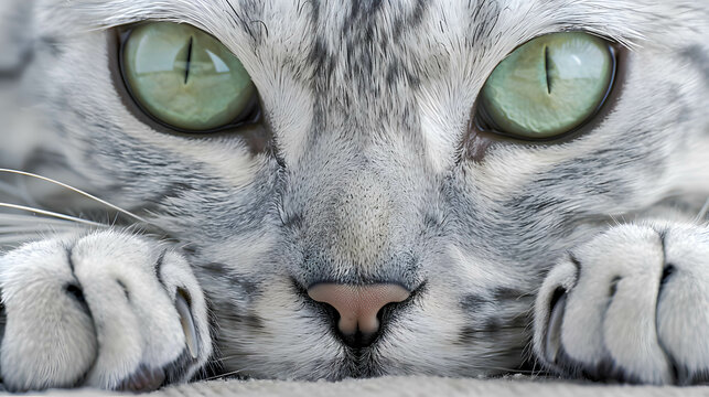 Intense close-up of a grey tabby cat with striking green eyes and a thoughtful expression, lying down.
