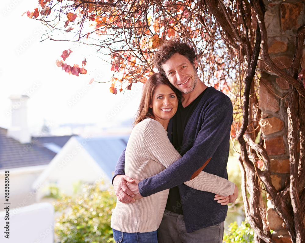 Canvas Prints Smile, nature and portrait of couple hugging by tree in backyard garden at modern home. Happy, love and mature man and woman embracing with care in outdoor park or field for fresh air together.