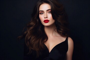 Fototapeta premium beautiful brunette is long hair in black dress and red lipstick