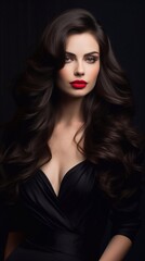 Naklejka premium beautiful brunette is long hair in black dress and red lipstick