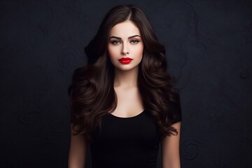 Fototapeta premium beautiful brunette is long hair in black dress and red lipstick . Girls want to see you in full growth