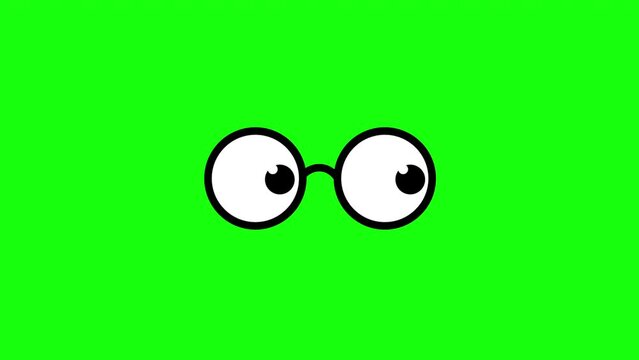 Animated cartoon glasses with motion eyes emoji face isolated on green chroma key screen. Motion eyes graphic.