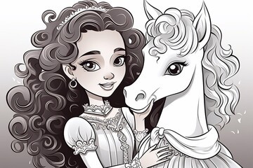 cartoon drawing Cute princess hugs a horse, coloring page