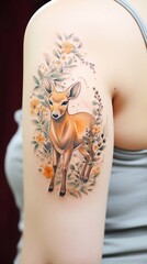 a tattoo of a deer in a flowery tattoo with a deer on the back.