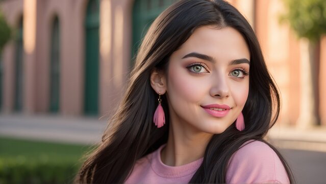 Portrait of a beautiful young woman with pretty green eyes and dark brown hair wearing a pink sweater and pink earrings standing outdoors with a building in the background